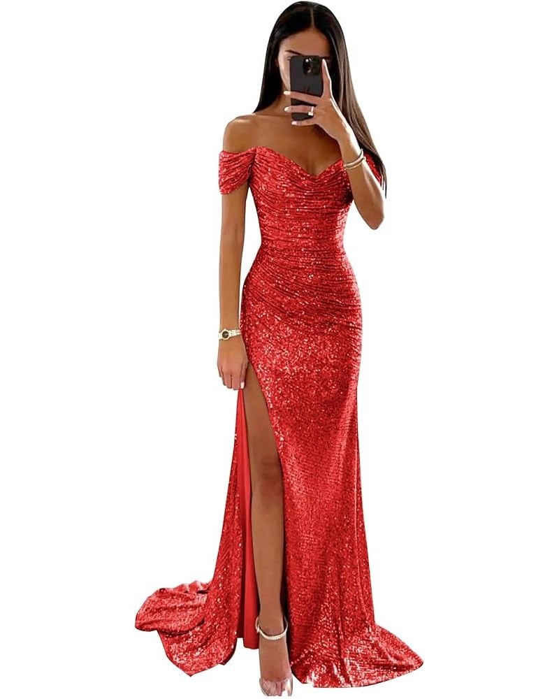 Women's Sequin V-Neck Prom Dresses 2024 Long Mermaid Ball Gown Formal Evening Party Dress M020 Red $30.59 Dresses