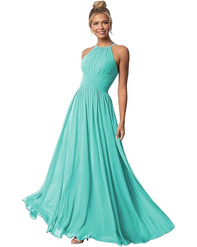 Women's Halter Bridesmaid Dresses Long Sleeveless A-line Ruched Chiffon Formal Evening Gowns for Wedding Turquoise $18.00 Dre...