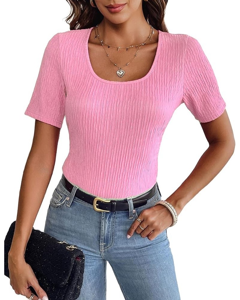 Women's 2024 Short Sleeve T Shirt Square Neck Slim Fitted Tops Summer Basic Solid Color Tee Tops Pink $11.79 Tops