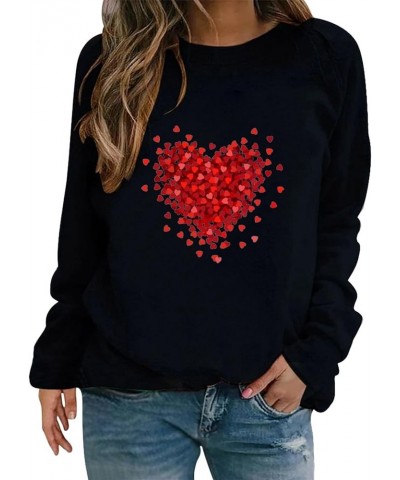 Women's 2024 Valentine's Day Sweatshirt Cute Heart Shaped Printed Pullover Crewneck Long Sleeved Loose Pleated Tops C-black $...