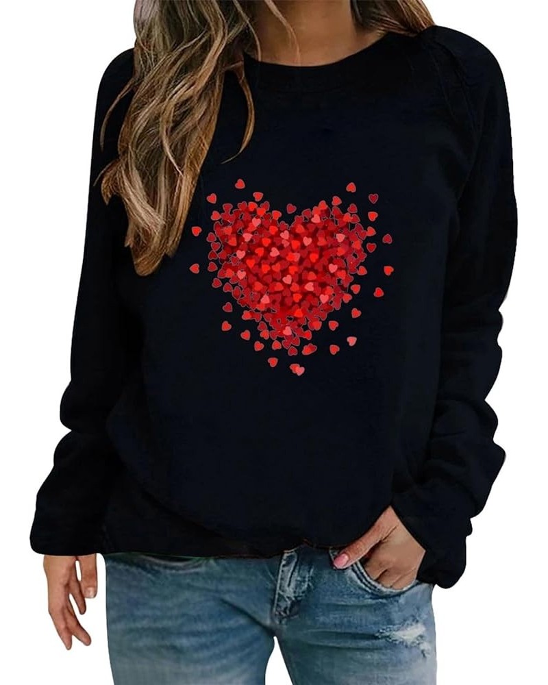 Women's 2024 Valentine's Day Sweatshirt Cute Heart Shaped Printed Pullover Crewneck Long Sleeved Loose Pleated Tops C-black $...