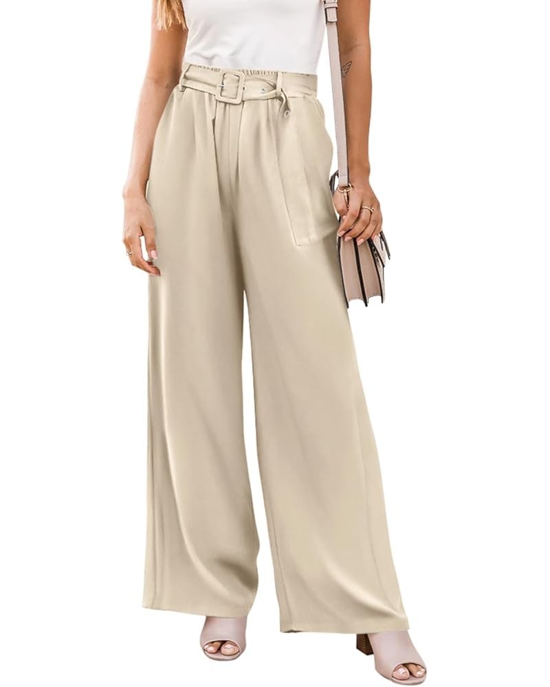 High Waisted Wide Leg Pants for Women Belted Business Casual Work Pants Trousers with Pockets Apricot $11.75 Pants