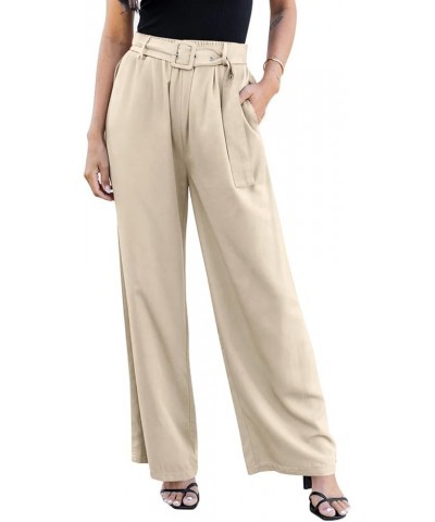 High Waisted Wide Leg Pants for Women Belted Business Casual Work Pants Trousers with Pockets Apricot $11.75 Pants