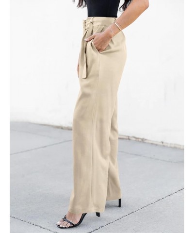 High Waisted Wide Leg Pants for Women Belted Business Casual Work Pants Trousers with Pockets Apricot $11.75 Pants