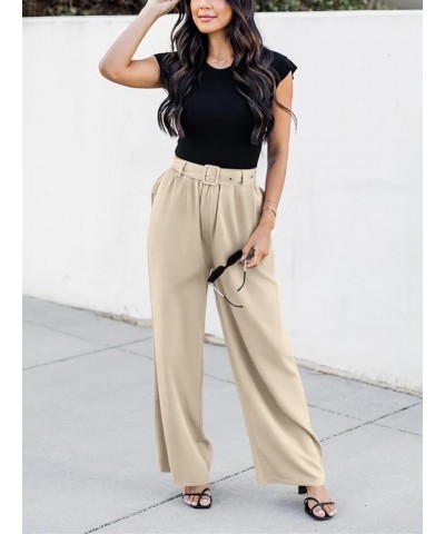 High Waisted Wide Leg Pants for Women Belted Business Casual Work Pants Trousers with Pockets Apricot $11.75 Pants