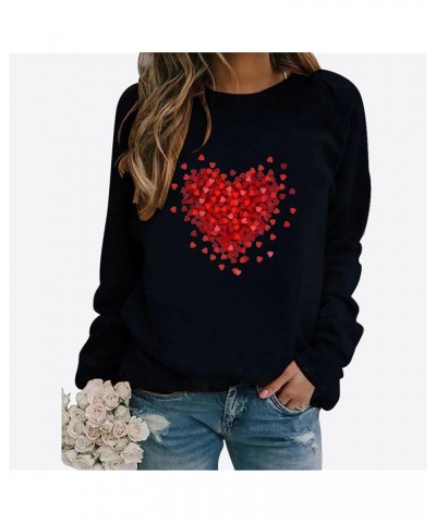 Women's 2024 Valentine's Day Sweatshirt Cute Heart Shaped Printed Pullover Crewneck Long Sleeved Loose Pleated Tops C-black $...