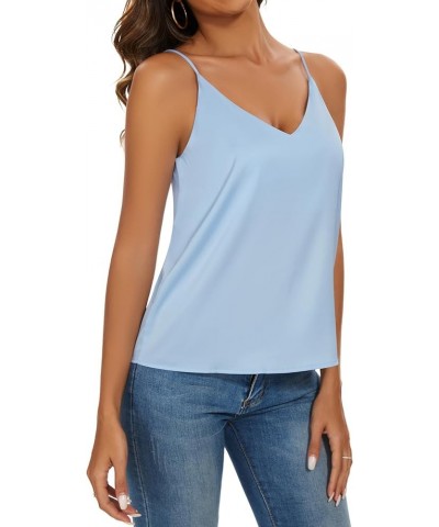 Basic Women's Silk Tank Top Ladies V-Neck Camisole Silky Loose Sleeveless Blouse Satin Tank Shirt Lightblue $12.00 Tanks