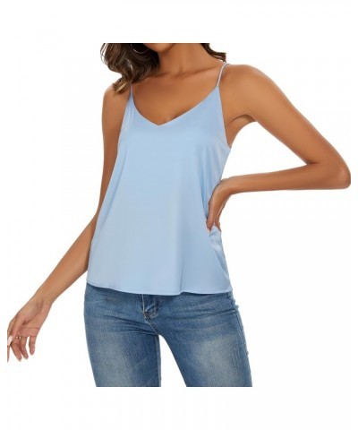 Basic Women's Silk Tank Top Ladies V-Neck Camisole Silky Loose Sleeveless Blouse Satin Tank Shirt Lightblue $12.00 Tanks