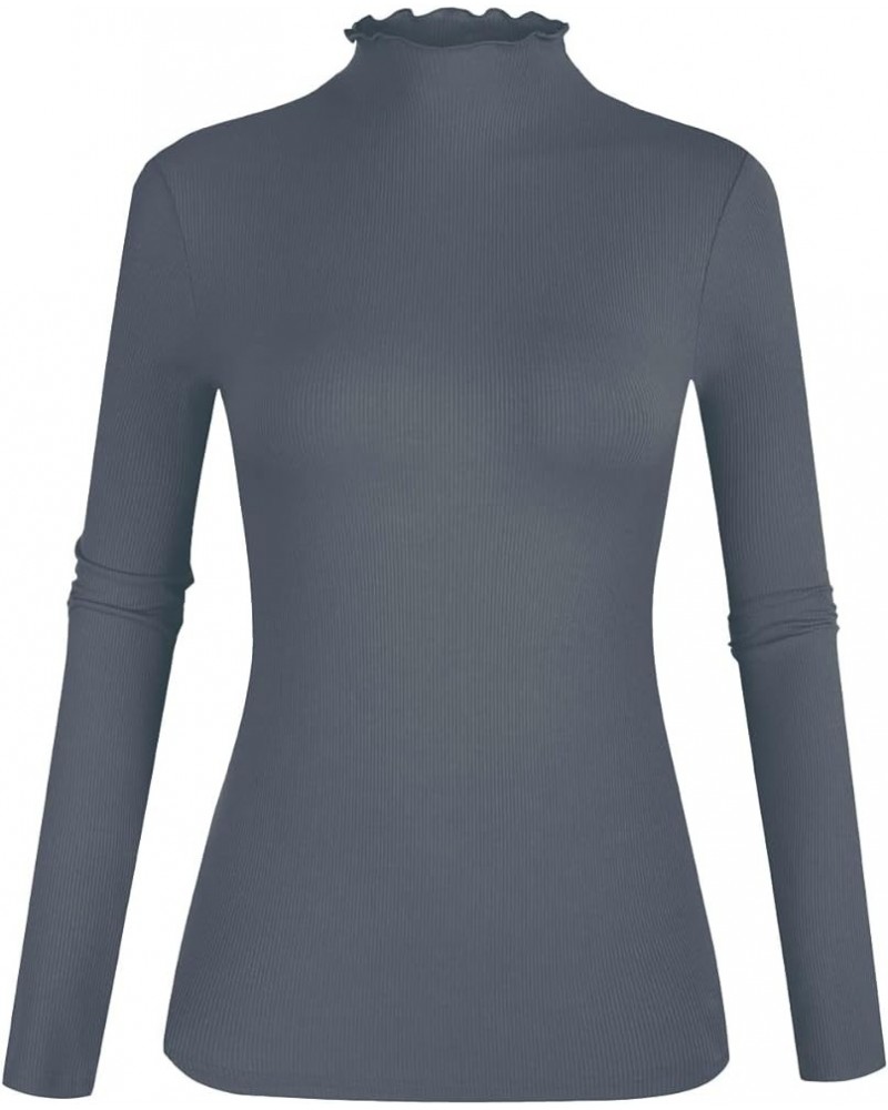 Women's Lettuce Trim Mock Neck Long Sleeve Slim Fit Ribbed Knit Tee Shirt Tops Dark Grey-22 $10.12 T-Shirts