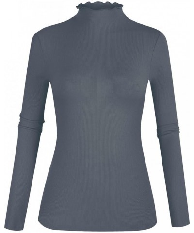 Women's Lettuce Trim Mock Neck Long Sleeve Slim Fit Ribbed Knit Tee Shirt Tops Dark Grey-22 $10.12 T-Shirts