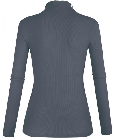 Women's Lettuce Trim Mock Neck Long Sleeve Slim Fit Ribbed Knit Tee Shirt Tops Dark Grey-22 $10.12 T-Shirts