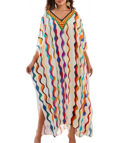 V Neck Print Kaftan Swimsuit Cover Ups for Women Plus Size Beach Caftan Dress Casual Loungewear Wavy Line $16.20 Swimsuits