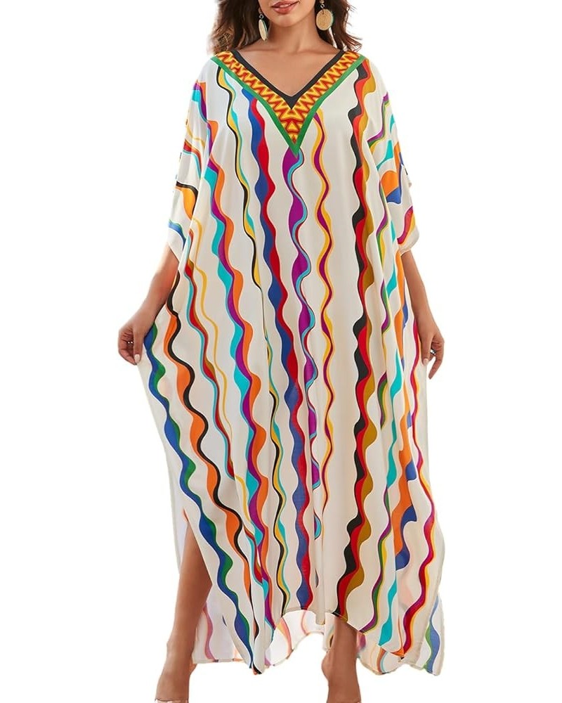 V Neck Print Kaftan Swimsuit Cover Ups for Women Plus Size Beach Caftan Dress Casual Loungewear Wavy Line $16.20 Swimsuits