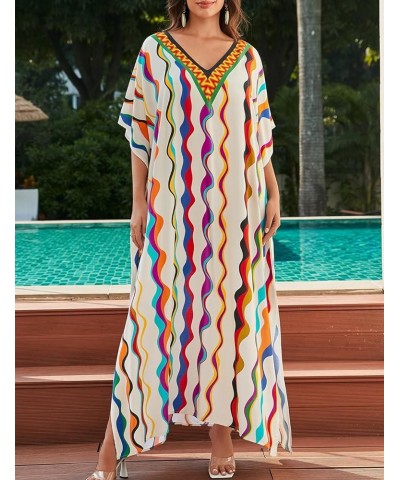 V Neck Print Kaftan Swimsuit Cover Ups for Women Plus Size Beach Caftan Dress Casual Loungewear Wavy Line $16.20 Swimsuits