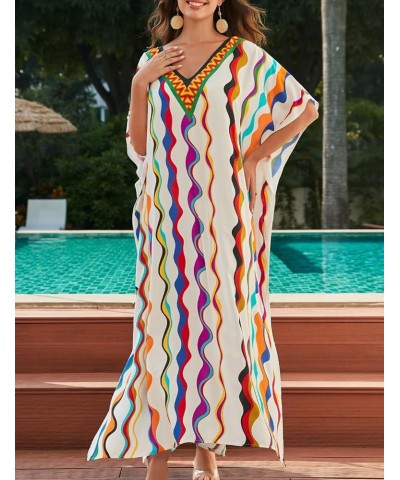 V Neck Print Kaftan Swimsuit Cover Ups for Women Plus Size Beach Caftan Dress Casual Loungewear Wavy Line $16.20 Swimsuits