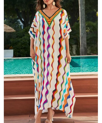 V Neck Print Kaftan Swimsuit Cover Ups for Women Plus Size Beach Caftan Dress Casual Loungewear Wavy Line $16.20 Swimsuits