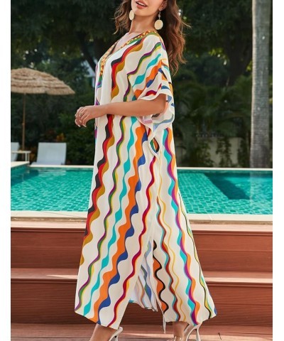 V Neck Print Kaftan Swimsuit Cover Ups for Women Plus Size Beach Caftan Dress Casual Loungewear Wavy Line $16.20 Swimsuits