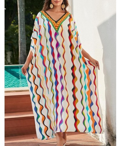 V Neck Print Kaftan Swimsuit Cover Ups for Women Plus Size Beach Caftan Dress Casual Loungewear Wavy Line $16.20 Swimsuits