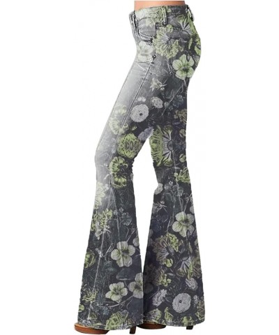 Women's Jeans Bell Bottom Pants Floral Printing High Waist Stretch Flare Fork Yoga Pants Loose Fit Trousers Green $19.43 Jeans