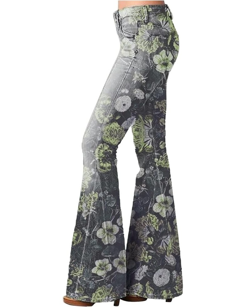 Women's Jeans Bell Bottom Pants Floral Printing High Waist Stretch Flare Fork Yoga Pants Loose Fit Trousers Green $19.43 Jeans