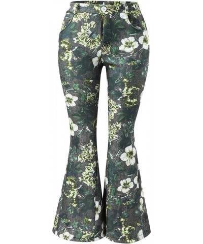 Women's Jeans Bell Bottom Pants Floral Printing High Waist Stretch Flare Fork Yoga Pants Loose Fit Trousers Green $19.43 Jeans