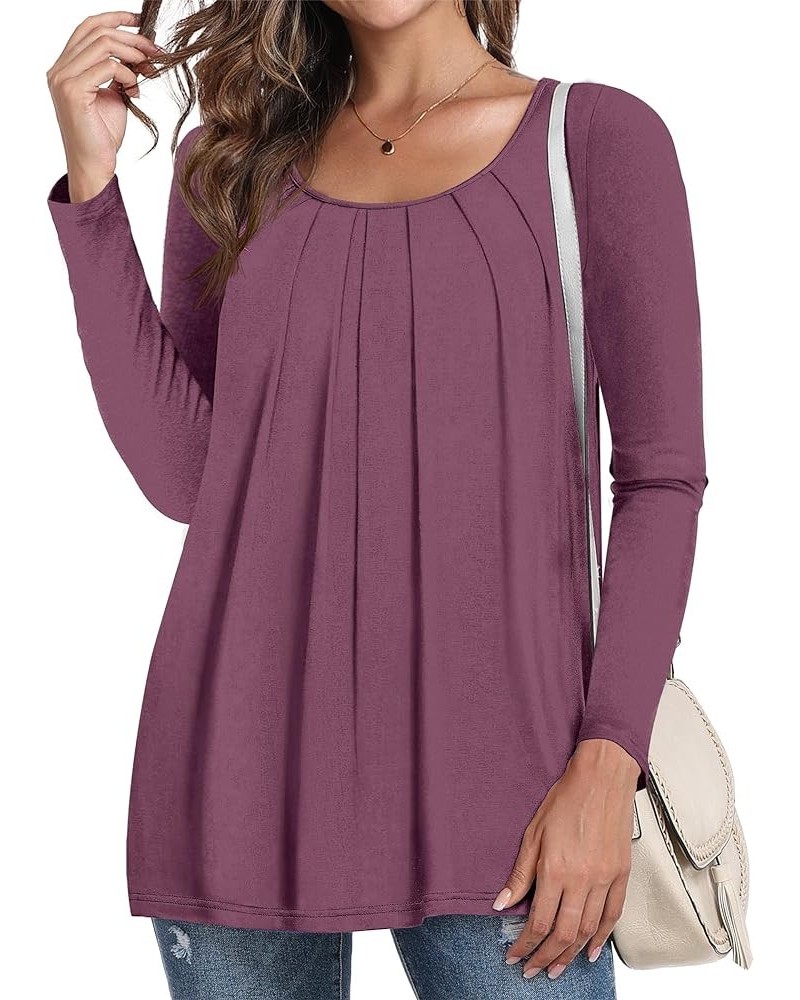 2023 Women's Long Sleeve Tunic Top Round Neck Pleated Casual Cute TShirts Basic Loose Blouses Purple Red $11.33 Tops