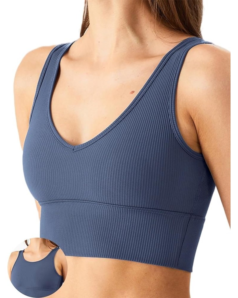 Women's Seamless Sports Bra Workout Crop Top Tank Tops for Women Long Lined Sports Bra Ribbed Crop Top Fitness V-blue $12.74 ...