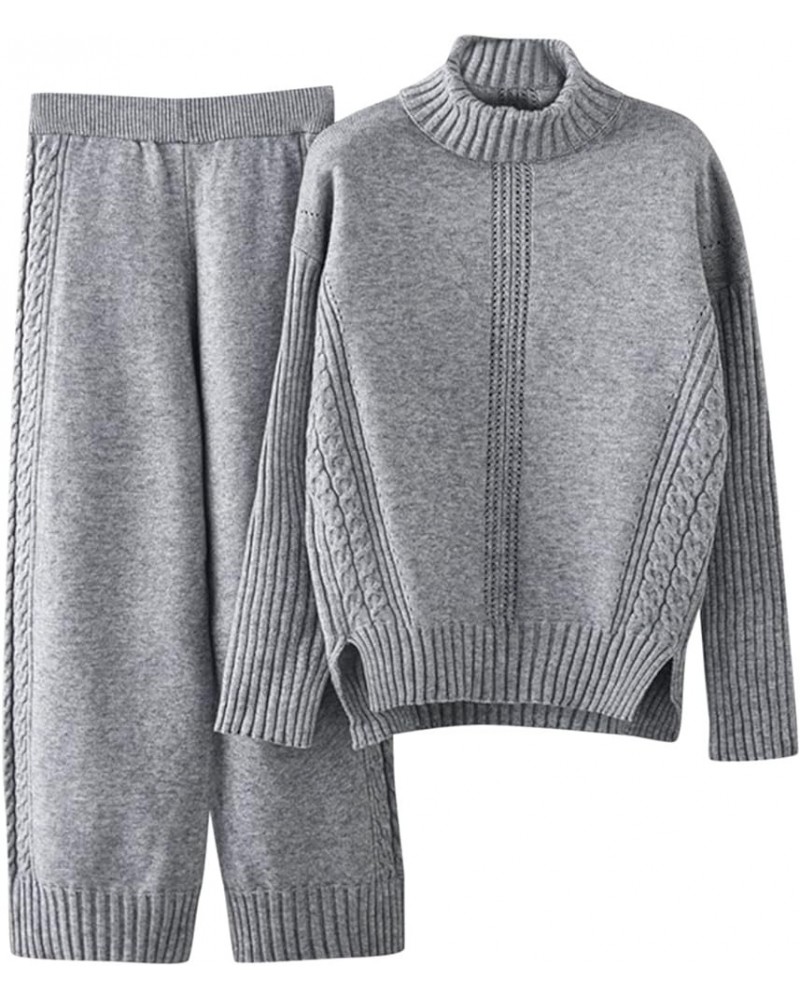 Sweater Sets Women 2 Piece Lounge Outfits Sets Long Sleeve Cable Knit Chunky Oversized Pullover Tops Wide Leg Pants 4-grey $2...