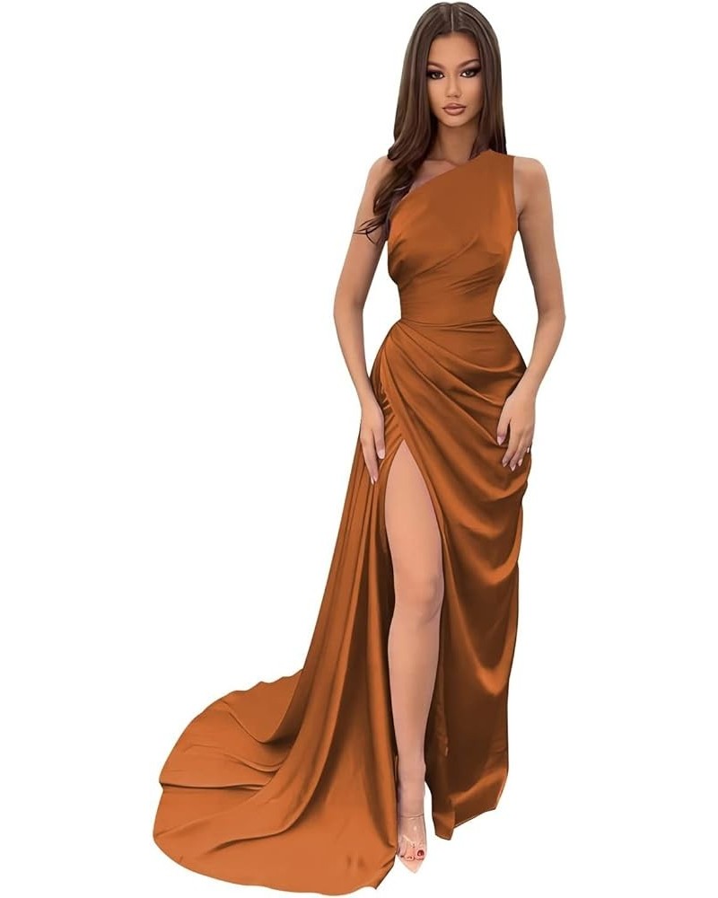 Women's One Shoulder Bridesmaid Dresses Long Satin Mermaid Formal Wedding Party Gowns with Slit IIF028 Burnt Orange $24.60 Dr...