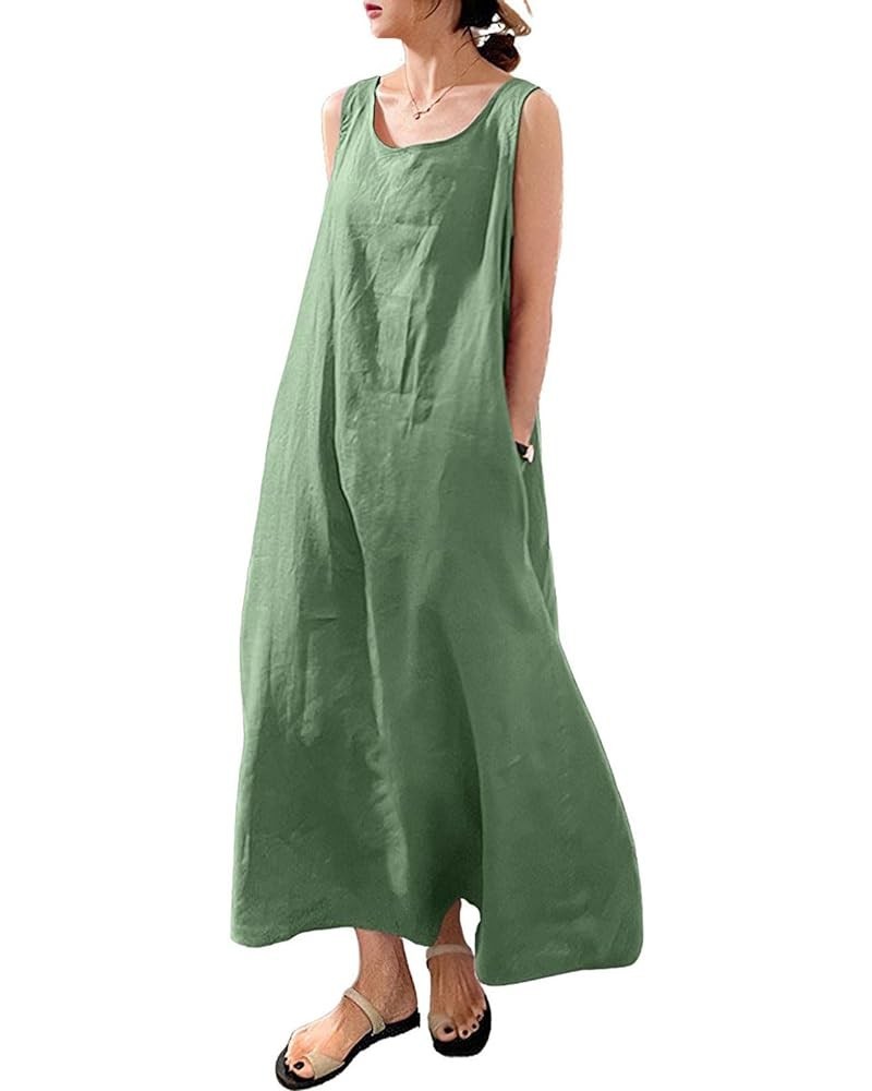 Women's Summer Casual Sleeveless Cotton Sun Dress Maxi Tunic Tank Beach Dress with Pocket Green $17.01 Dresses