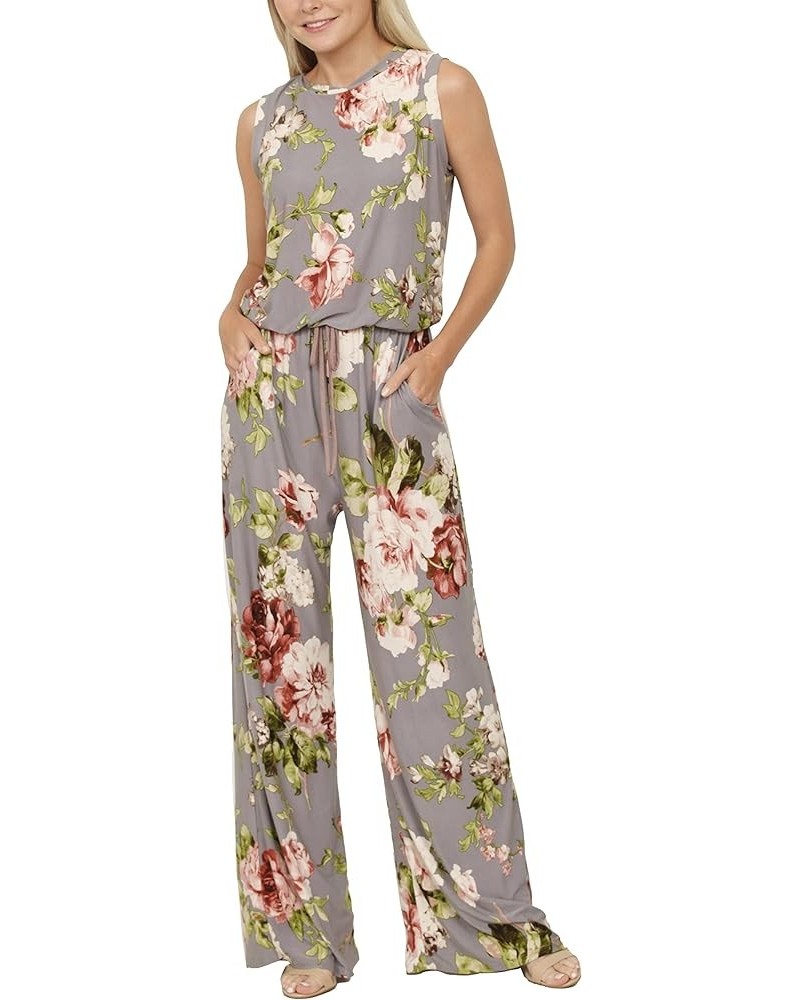 Eloges Women's Tie Back Short Sleeve|Sleeveless Jumpsuit |S-3X Plus Grey Floral Sleeveless $12.17 Jumpsuits