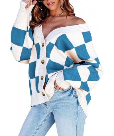 Womens Plaid V Neck Button Down Long Sleeve Cable Knit Oversized Cardigan Sweaters Tops Blue $19.35 Sweaters