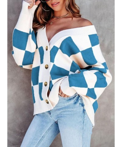 Womens Plaid V Neck Button Down Long Sleeve Cable Knit Oversized Cardigan Sweaters Tops Blue $19.35 Sweaters