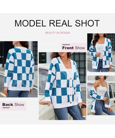 Womens Plaid V Neck Button Down Long Sleeve Cable Knit Oversized Cardigan Sweaters Tops Blue $19.35 Sweaters