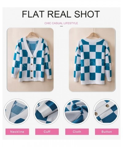 Womens Plaid V Neck Button Down Long Sleeve Cable Knit Oversized Cardigan Sweaters Tops Blue $19.35 Sweaters