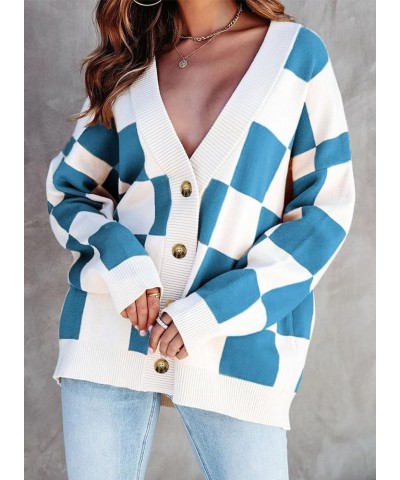 Womens Plaid V Neck Button Down Long Sleeve Cable Knit Oversized Cardigan Sweaters Tops Blue $19.35 Sweaters