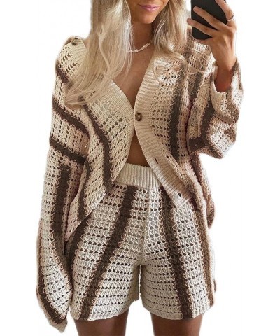 Women 2 Piece Short Sets Long Sleeve Crochet Knitted Cardigan Top Stripe Loose Short Pants Sexy Party Clubwear Coffee $9.68 S...