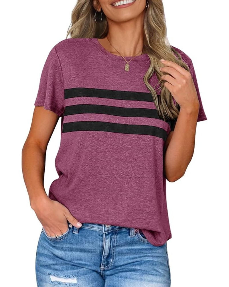 Women's Short Sleeve T Shirts Crewneck Striped Color Block Tunic Tops Loose Casual Summer Tee Mauve $11.25 Tops