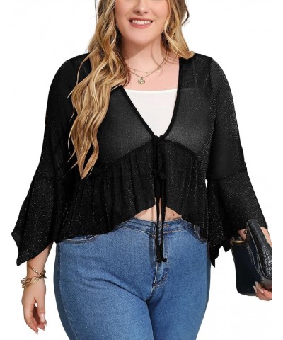 Women's Shrug Flare Sleeve Cardigans Lace Up Boleras Sheer Shrugs for Women Dress with Scalloped Edges Black-1 $10.25 Sweaters