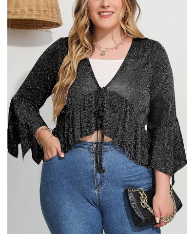 Women's Shrug Flare Sleeve Cardigans Lace Up Boleras Sheer Shrugs for Women Dress with Scalloped Edges Black-1 $10.25 Sweaters