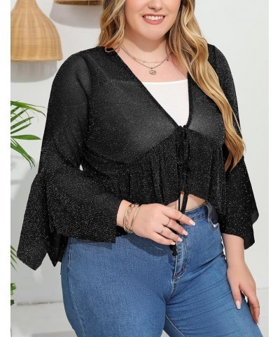 Women's Shrug Flare Sleeve Cardigans Lace Up Boleras Sheer Shrugs for Women Dress with Scalloped Edges Black-1 $10.25 Sweaters