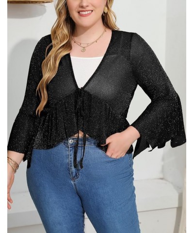 Women's Shrug Flare Sleeve Cardigans Lace Up Boleras Sheer Shrugs for Women Dress with Scalloped Edges Black-1 $10.25 Sweaters