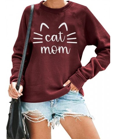 Cat Mom Sweatshirt Women Cat Mama Shirt Cute Cat Long Sleeve Letter Print Tshirt Tops Claret $20.29 Hoodies & Sweatshirts