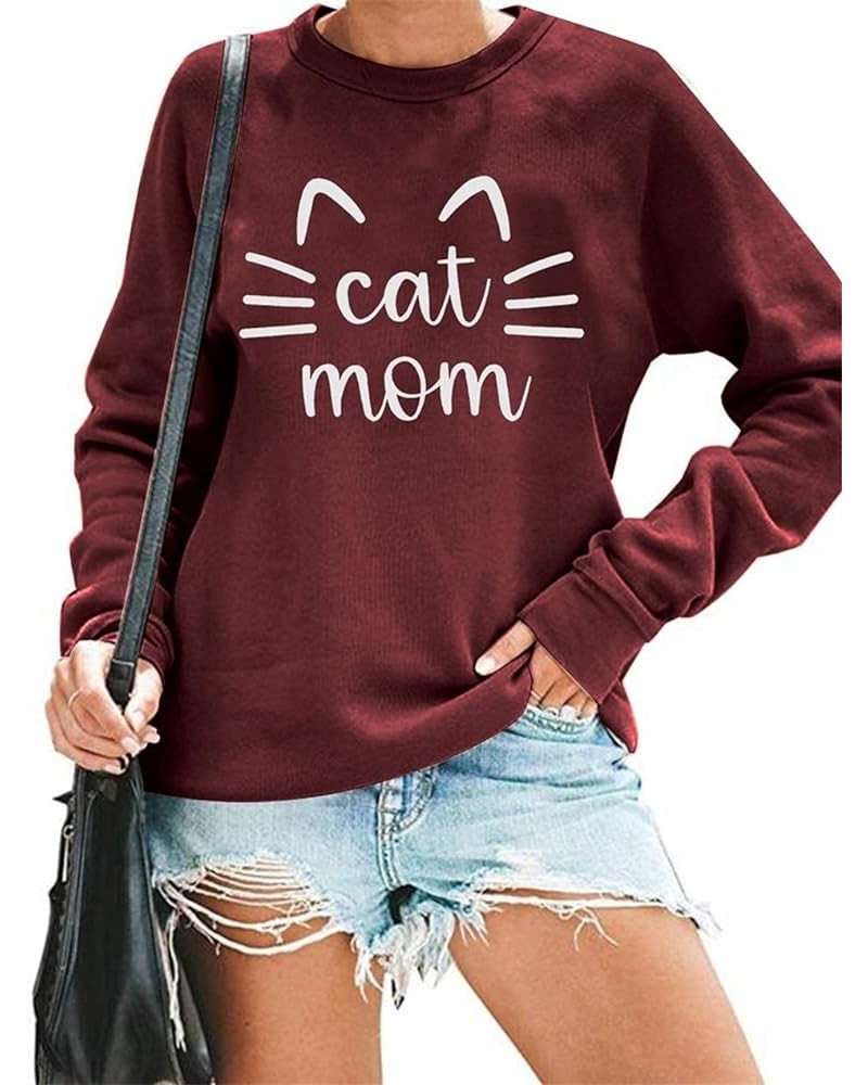 Cat Mom Sweatshirt Women Cat Mama Shirt Cute Cat Long Sleeve Letter Print Tshirt Tops Claret $20.29 Hoodies & Sweatshirts