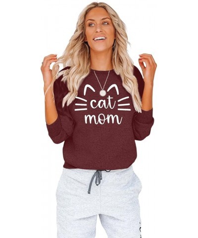 Cat Mom Sweatshirt Women Cat Mama Shirt Cute Cat Long Sleeve Letter Print Tshirt Tops Claret $20.29 Hoodies & Sweatshirts