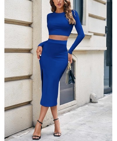 Women's 2 Piece Outfits Set Sexy Long Sleeve Crop Top Bodycon Slit Midi Skirt Sets Ribbed Knit Dress Blue $12.59 Suits