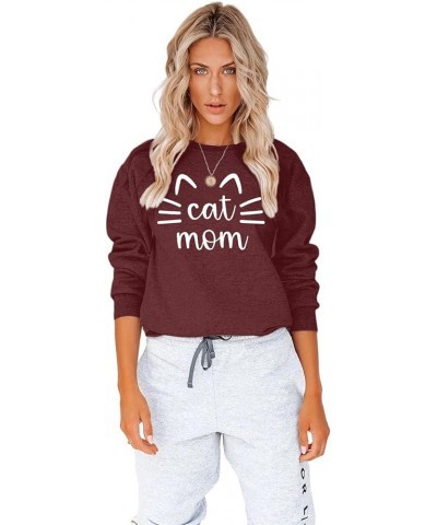 Cat Mom Sweatshirt Women Cat Mama Shirt Cute Cat Long Sleeve Letter Print Tshirt Tops Claret $20.29 Hoodies & Sweatshirts