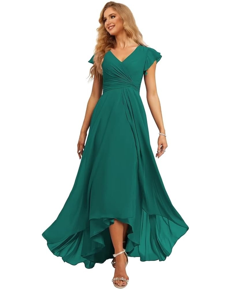 Flutter Cap Sleeve Empire Waist Bridesmaid Dress V Neck Pleated Chiffon High Low Formal Party Gown TN056 Peacock $20.50 Dresses