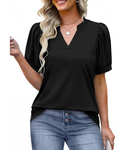 Summer Women's Pleated Puff Sleeve Tops Casual V Neck T Shirts Loose Blouses Dressy X-Small Black $14.81 Tops