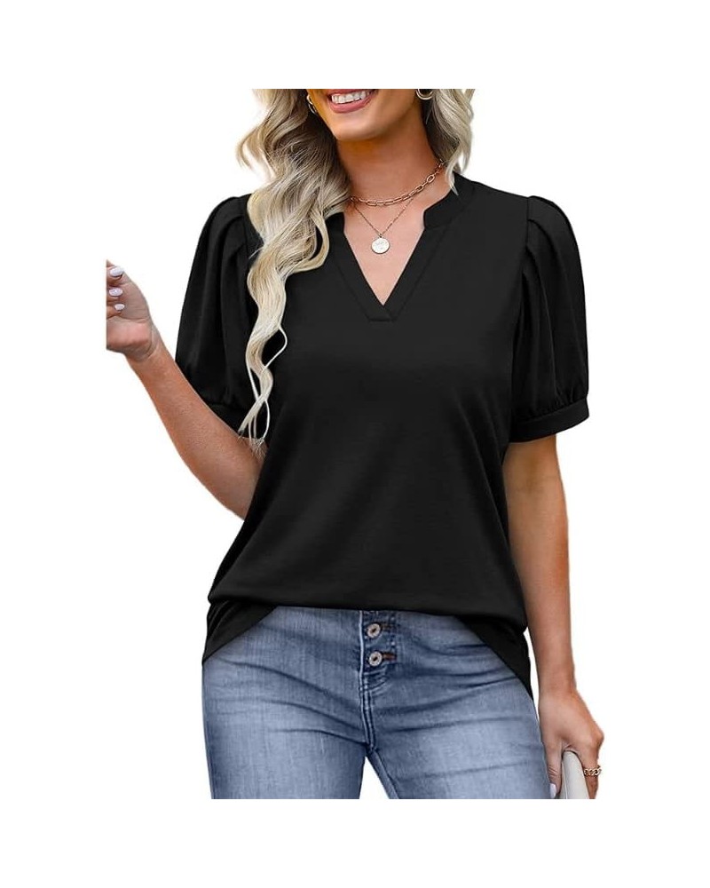 Summer Women's Pleated Puff Sleeve Tops Casual V Neck T Shirts Loose Blouses Dressy X-Small Black $14.81 Tops